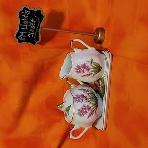 Japanese China Sugar Creamer and Tray Set Floral Pink White Green Gold
